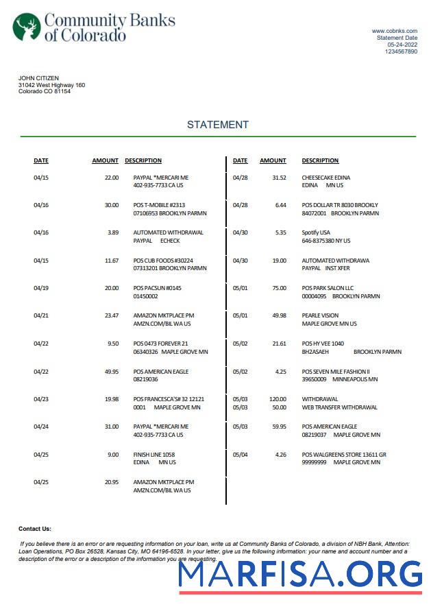 Printable USA Community Banks of Colorado statement word template